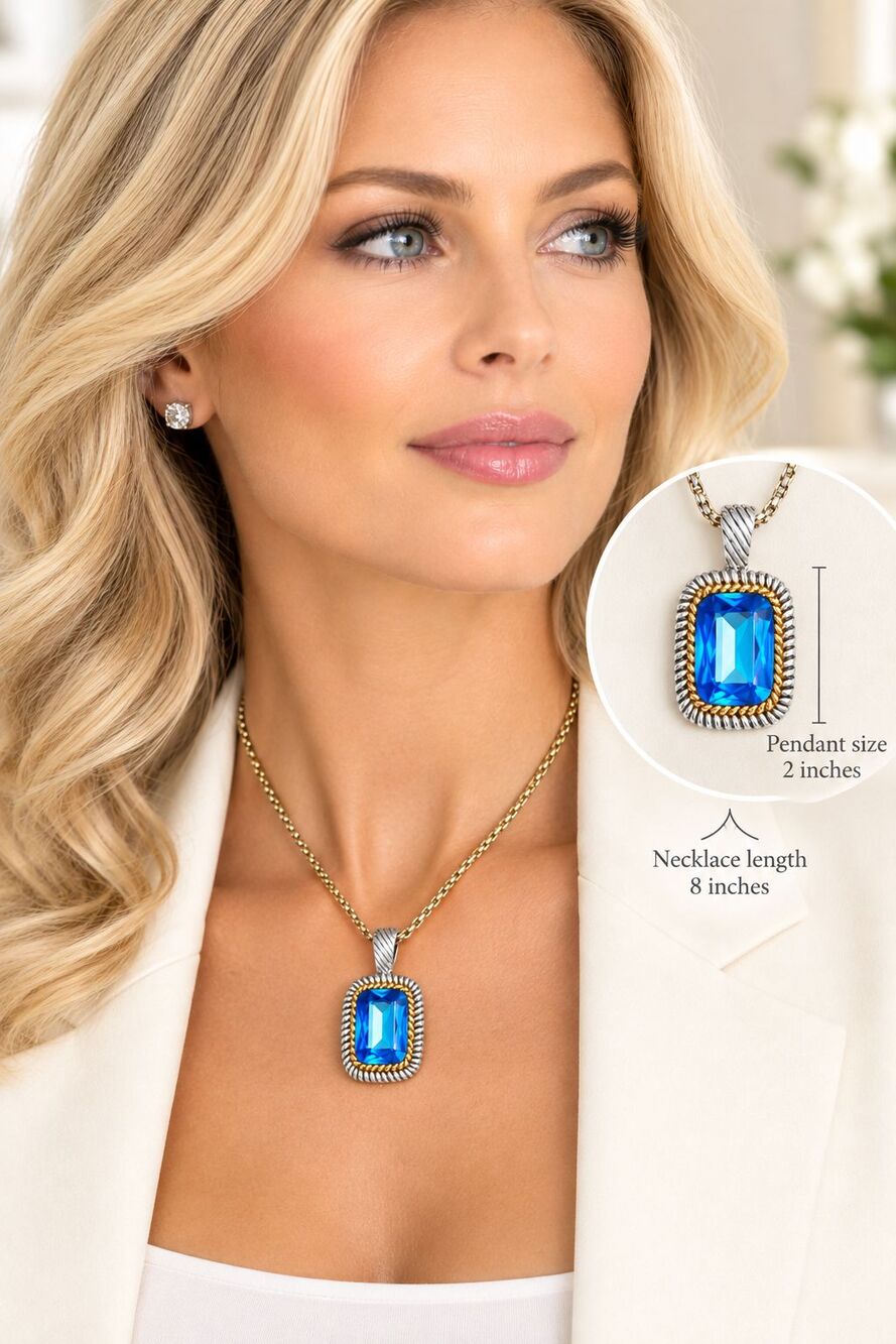 Pendant Women's Large 2" x 1 1/4" Silver & Gold Tone Blue Glass Stainless Steele